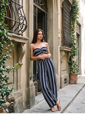 Blue/White Striped Drawstring Front Tube Top & Wide Leg Pants